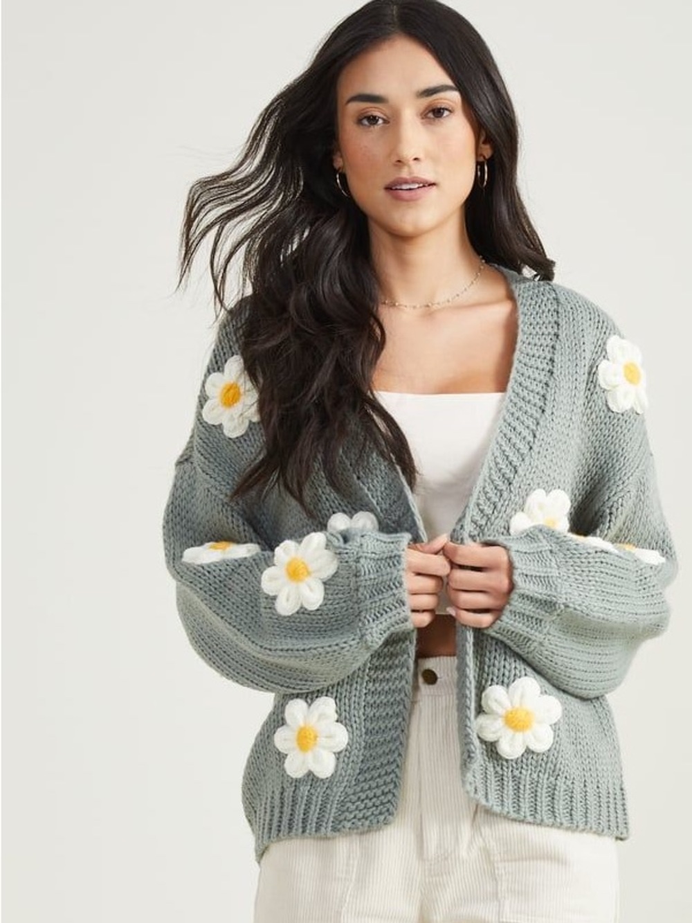 Altar'd State Sage Green Daisy Appliqué Chunky Cardigan